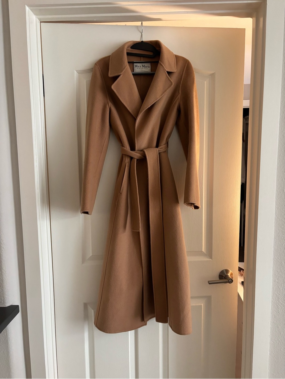 MaxMara Camel Brown Wool Long Sleeve Belted Dress Coat